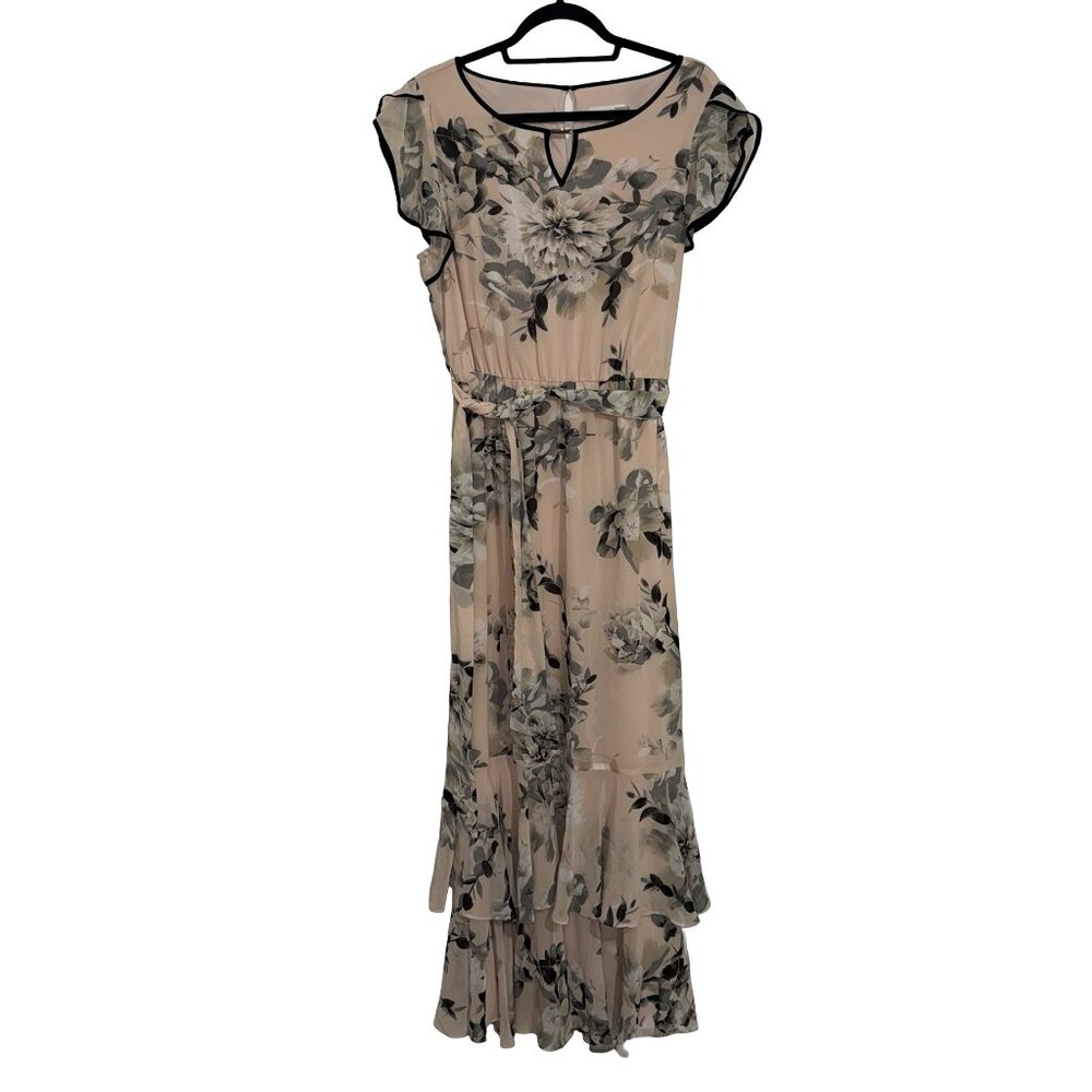 Calvin Klein Maxi Floral Print Ruffled Hem Dress In Blush Pink/Grey Sz L